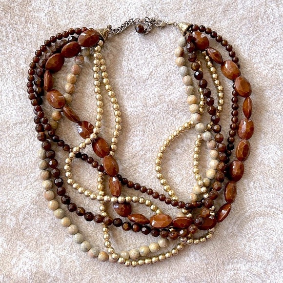 Multi-Strand Beaded Brown & Gold Tone Beaded Statement Necklace Adjustable - Picture 3 of 15